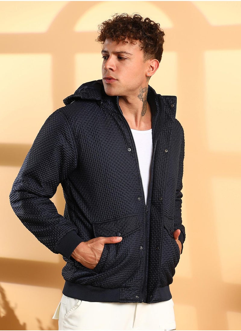 Men's Navy Blue Self-Design Diamond Puffer Jacket With Fleece Hood