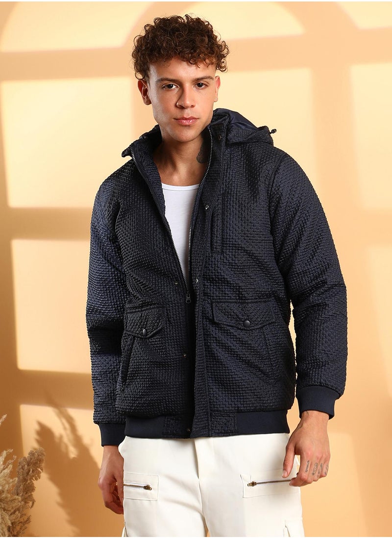 Men's Navy Blue Self-Design Diamond Puffer Jacket With Fleece Hood