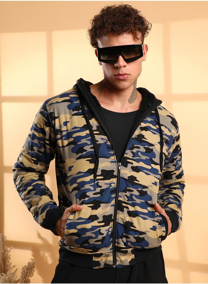 Men's Navy Blue Camouflage Hoodie With Insert Pocket