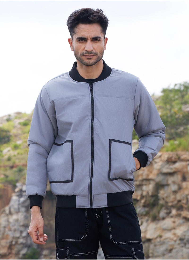 Men's Light Grey Zip-Front Puffer Jacket With Contrast Detail