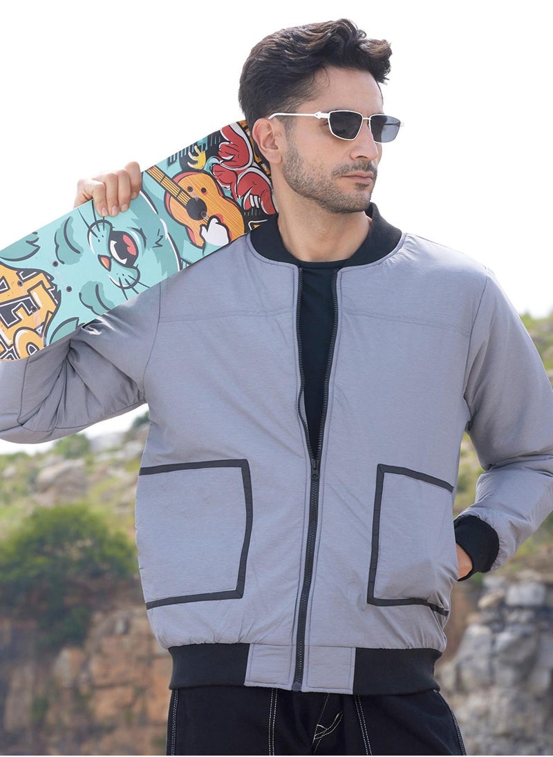 Men's Light Grey Zip-Front Puffer Jacket With Contrast Detail