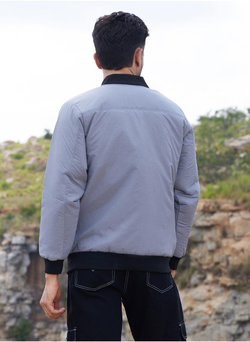 Men's Light Grey Zip-Front Puffer Jacket With Contrast Detail