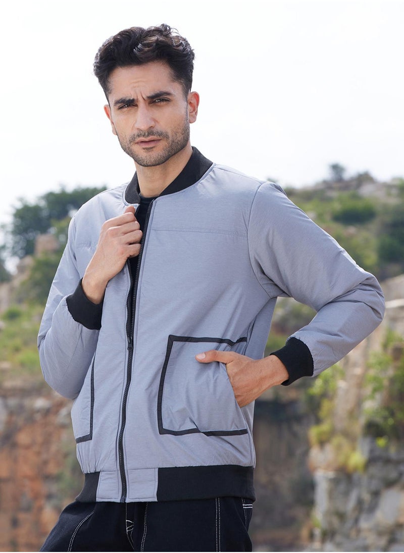 Men's Light Grey Zip-Front Puffer Jacket With Contrast Detail