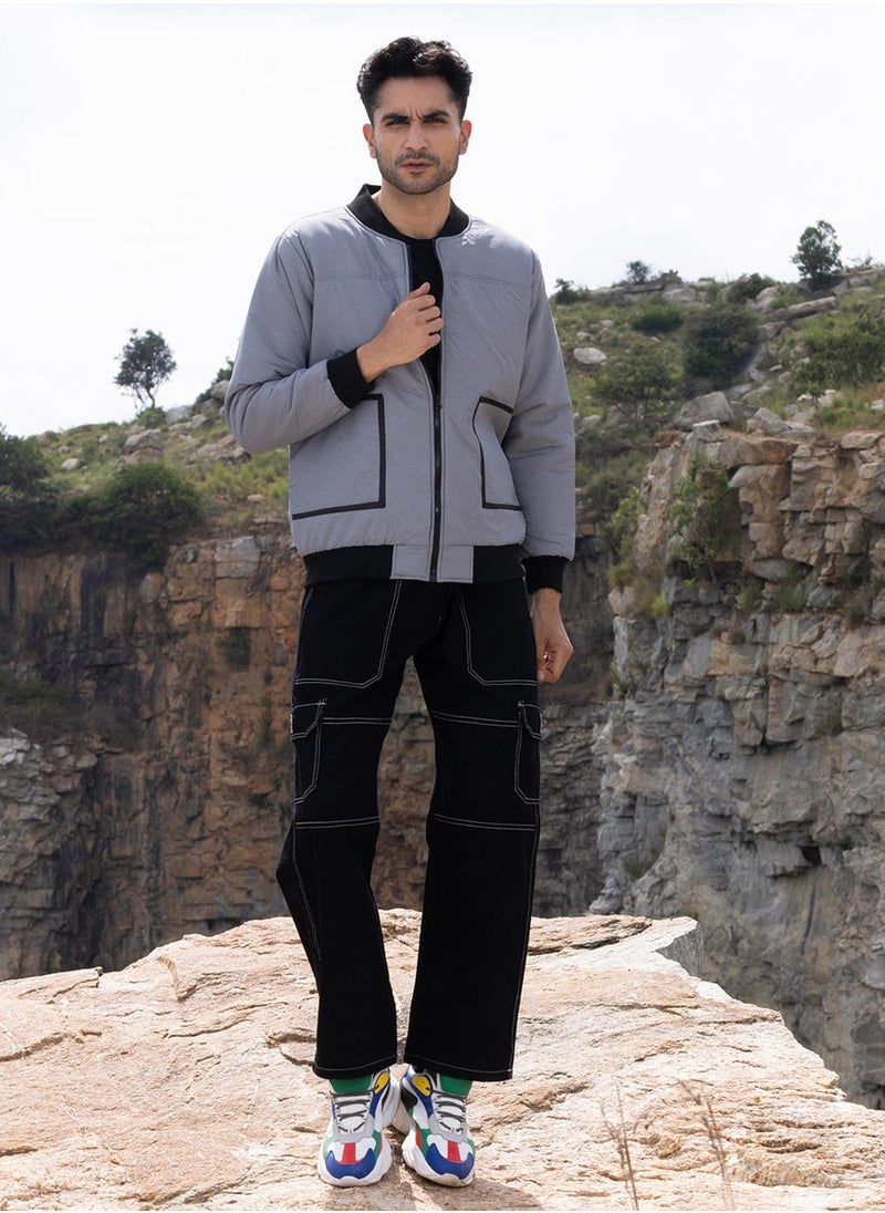 Men's Light Grey Zip-Front Puffer Jacket With Contrast Detail