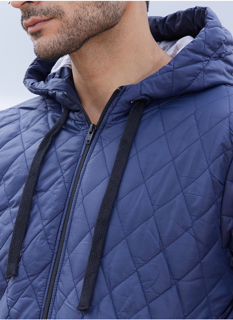 Men's Blue Quilted Puffer Jacket With Zip-Closure