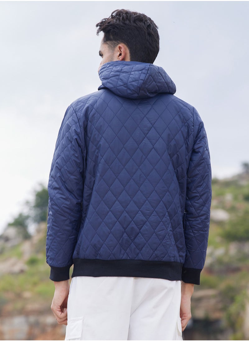 Men's Blue Quilted Puffer Jacket With Zip-Closure