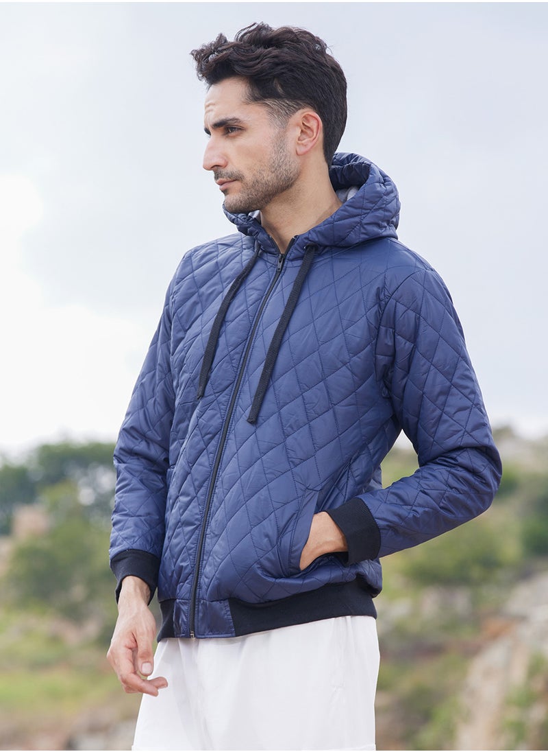 Men's Blue Quilted Puffer Jacket With Zip-Closure