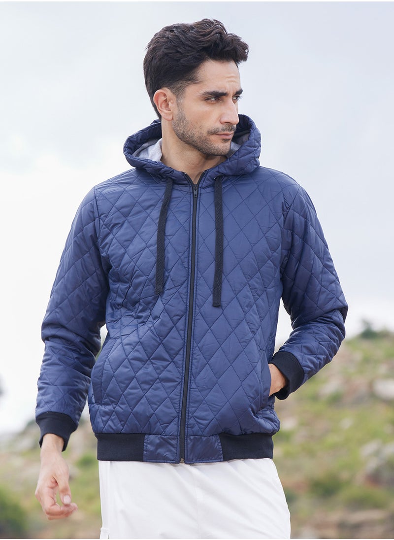 Men's Blue Quilted Puffer Jacket With Zip-Closure