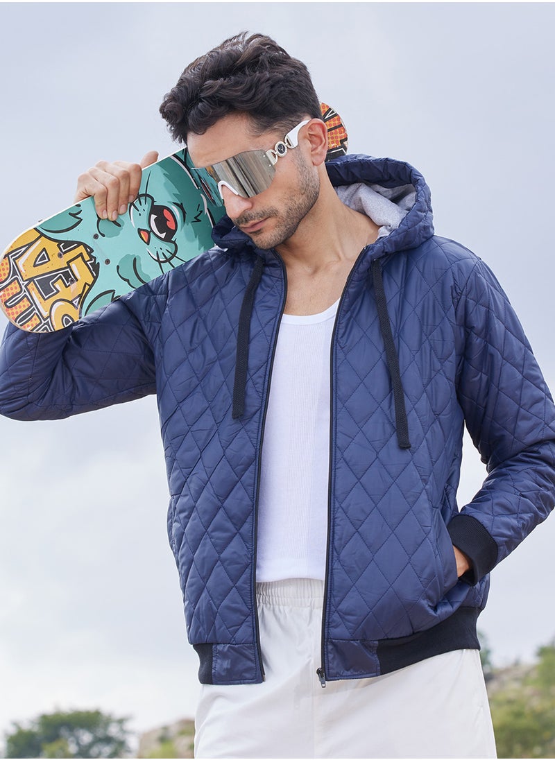 Men's Blue Quilted Puffer Jacket With Zip-Closure