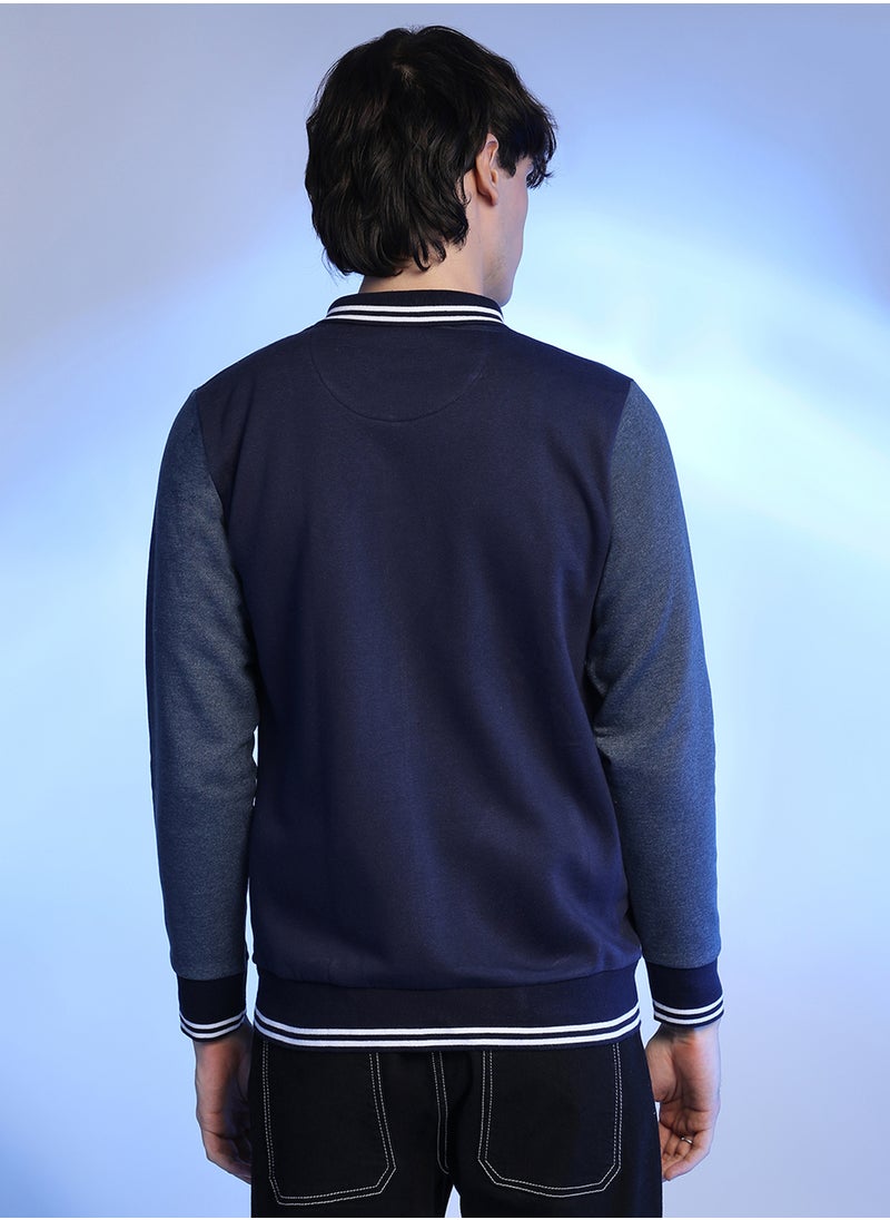 Men's Navy Blue Zip-Front Jacket With Contrast Striped Hem
