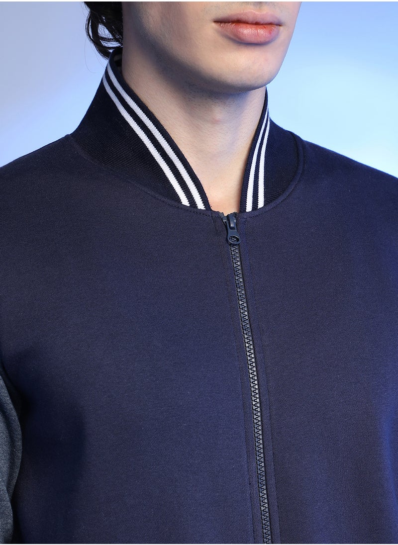 Men's Navy Blue Zip-Front Jacket With Contrast Striped Hem