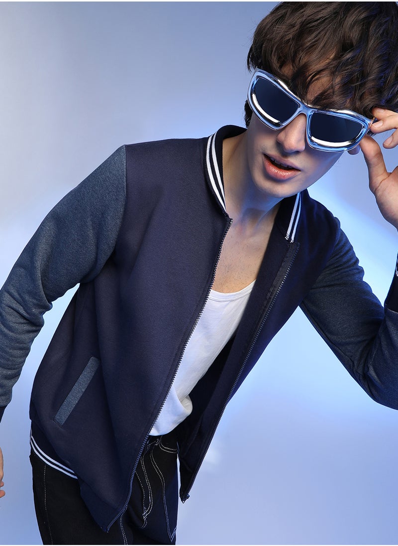 Men's Navy Blue Zip-Front Jacket With Contrast Striped Hem