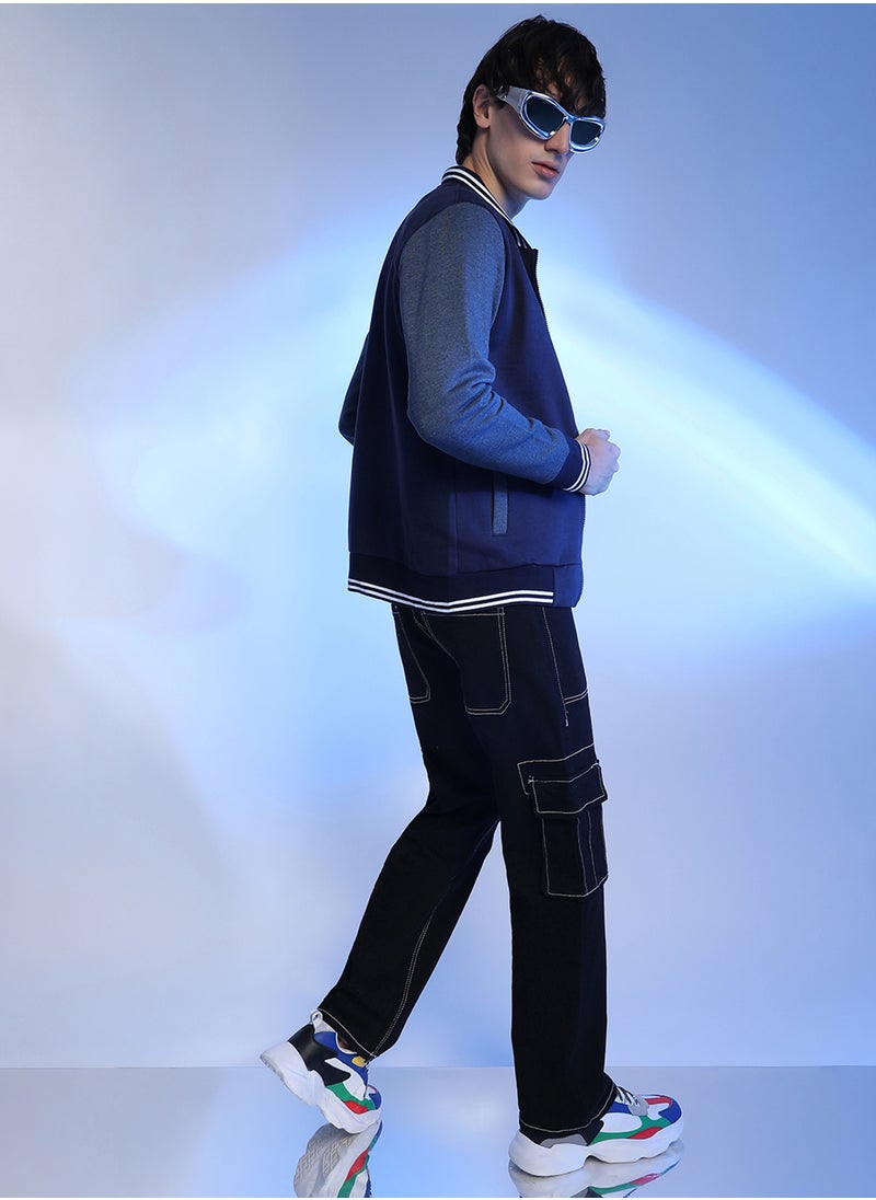Men's Navy Blue Zip-Front Jacket With Contrast Striped Hem