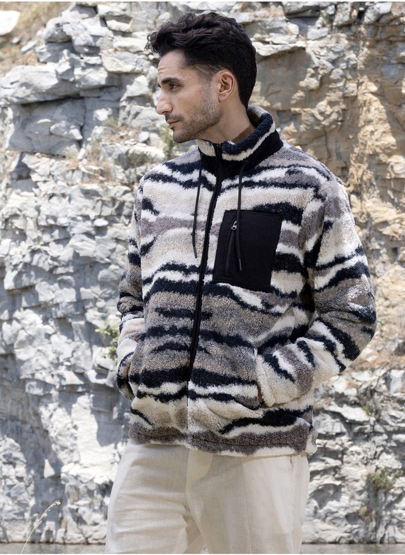 Men's Midnight Black & Ivory White Camouflage Sherpa Puffer Jacket
