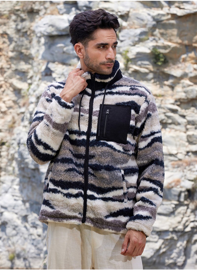 Men's Midnight Black & Ivory White Camouflage Sherpa Puffer Jacket
