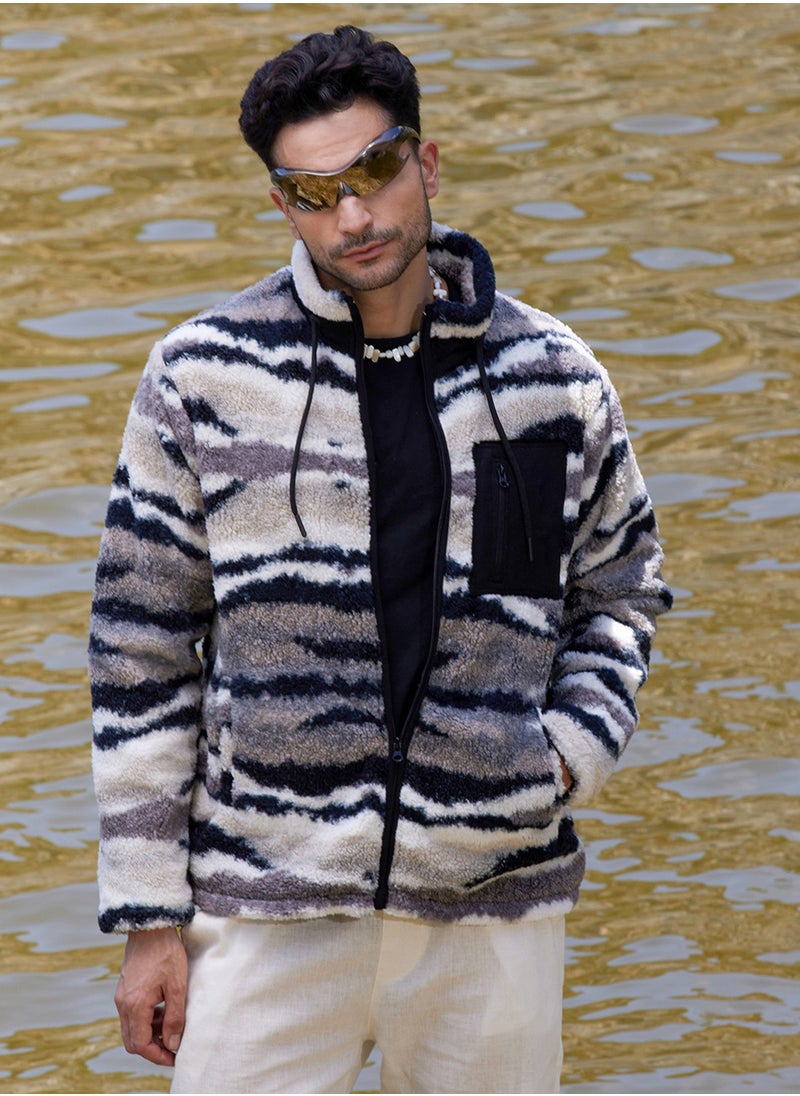 Men's Midnight Black & Ivory White Camouflage Sherpa Puffer Jacket
