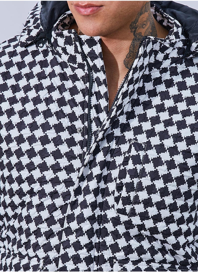 Men's Carbon Black & Chalk White Checkboard Puffer Jacket With Fleece Hood