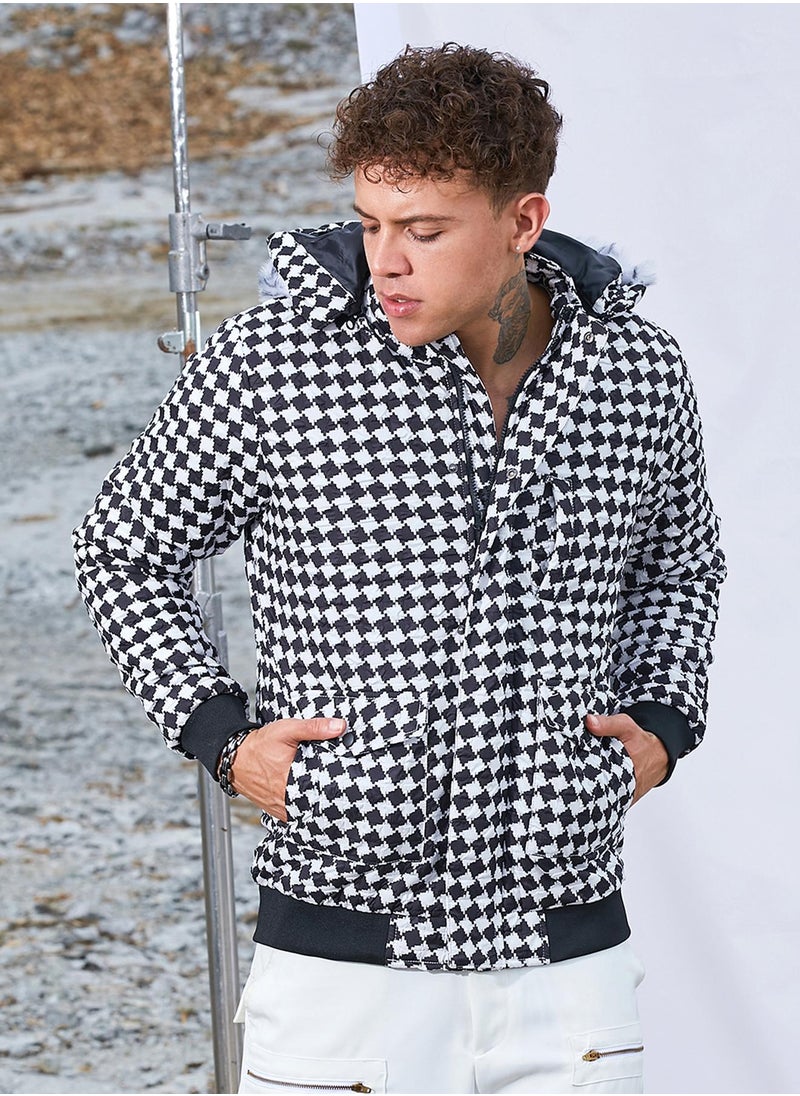 Men's Carbon Black & Chalk White Checkboard Puffer Jacket With Fleece Hood