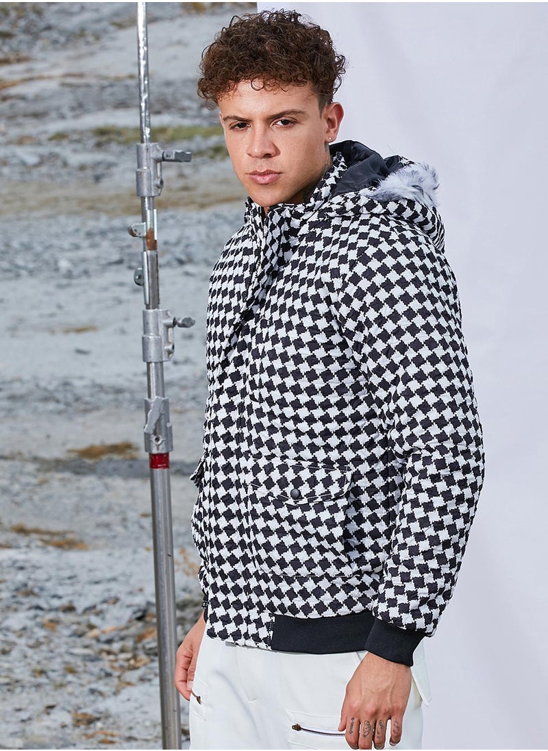 Men's Carbon Black & Chalk White Checkboard Puffer Jacket With Fleece Hood