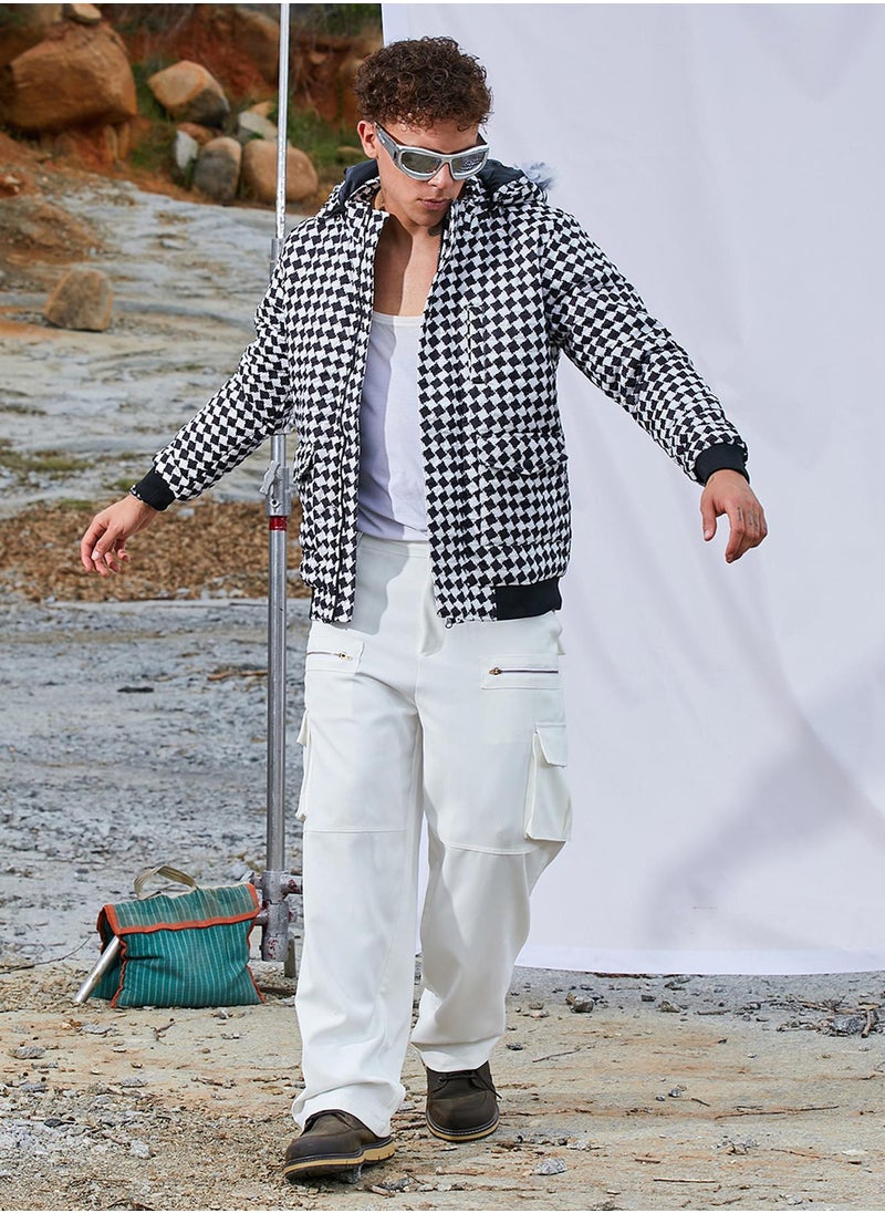 Men's Carbon Black & Chalk White Checkboard Puffer Jacket With Fleece Hood