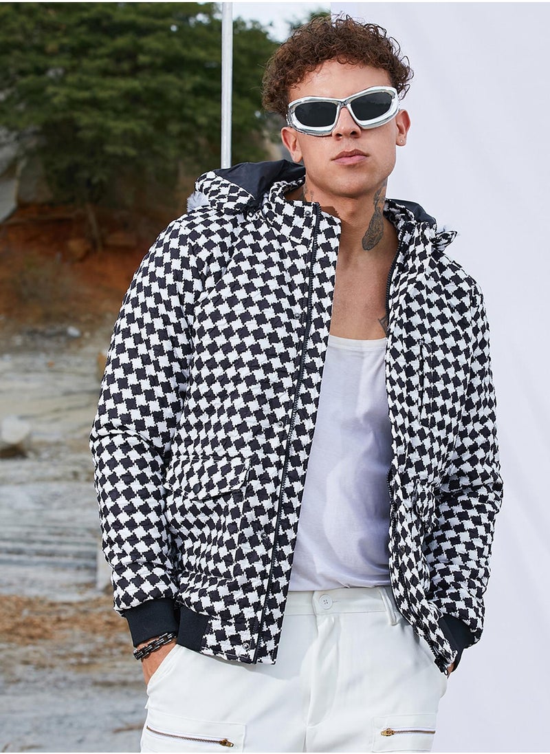 Men's Carbon Black & Chalk White Checkboard Puffer Jacket With Fleece Hood