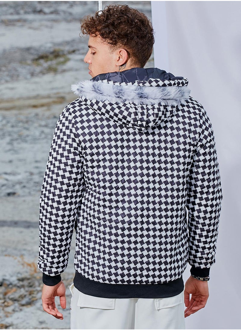 Men's Carbon Black & Chalk White Checkboard Puffer Jacket With Fleece Hood