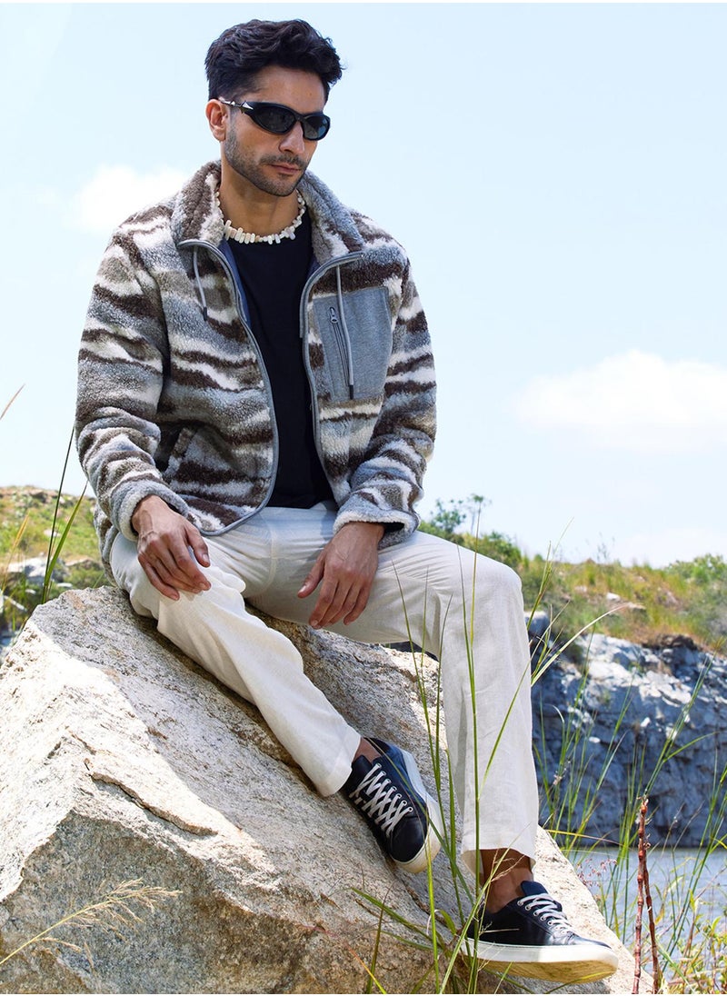 Men's Light Grey & Chocolate Brown Camouflage Sherpa Puffer Jacket