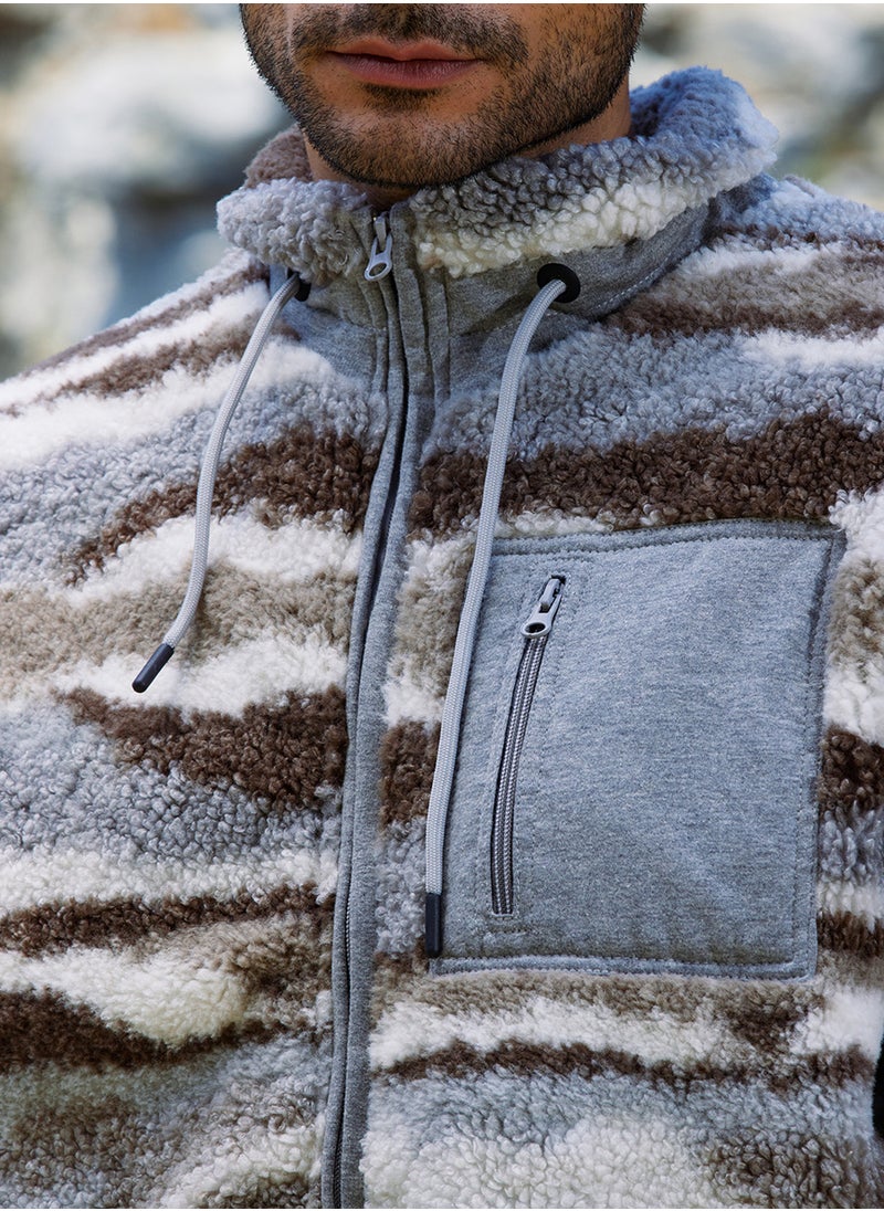Men's Light Grey & Chocolate Brown Camouflage Sherpa Puffer Jacket
