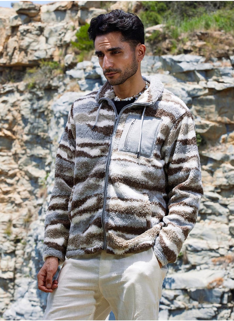 Men's Light Grey & Chocolate Brown Camouflage Sherpa Puffer Jacket