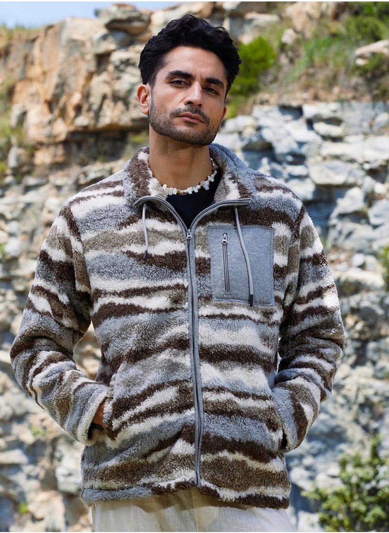 Men's Light Grey & Chocolate Brown Camouflage Sherpa Puffer Jacket