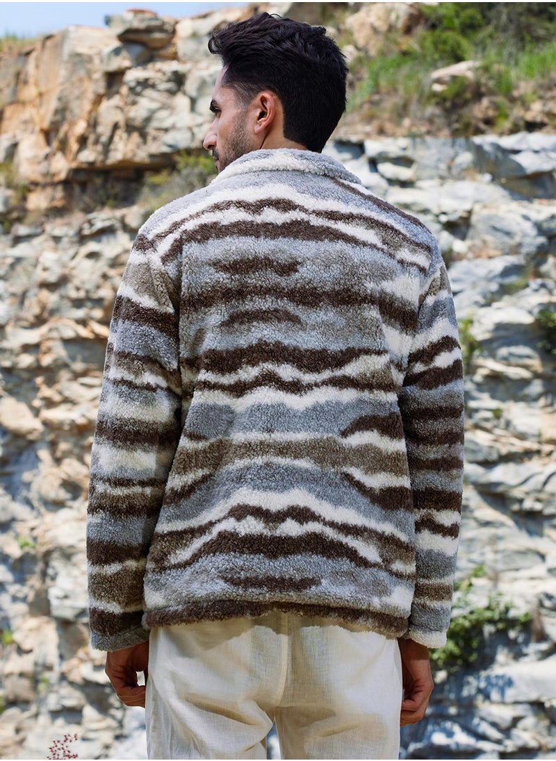 Men's Light Grey & Chocolate Brown Camouflage Sherpa Puffer Jacket