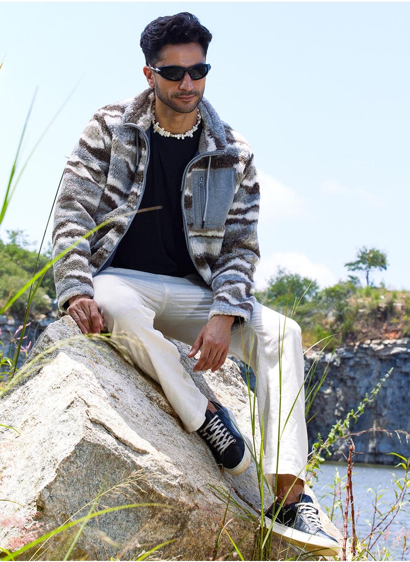 Men's Light Grey & Chocolate Brown Camouflage Sherpa Puffer Jacket