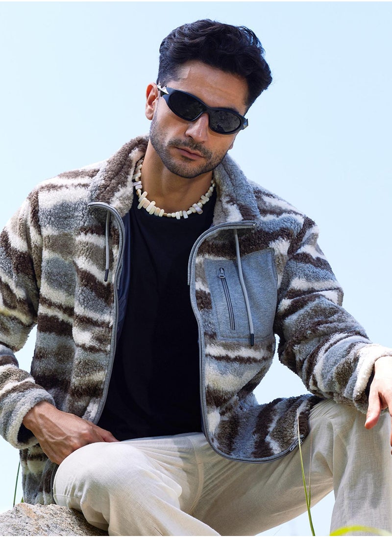 Men's Light Grey & Chocolate Brown Camouflage Sherpa Puffer Jacket