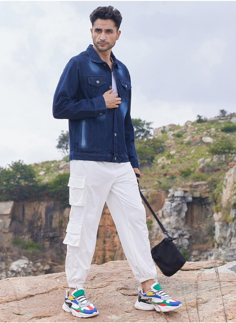 Men's Navy Blue Dark-Wash Denim Jacket With Button-Closure