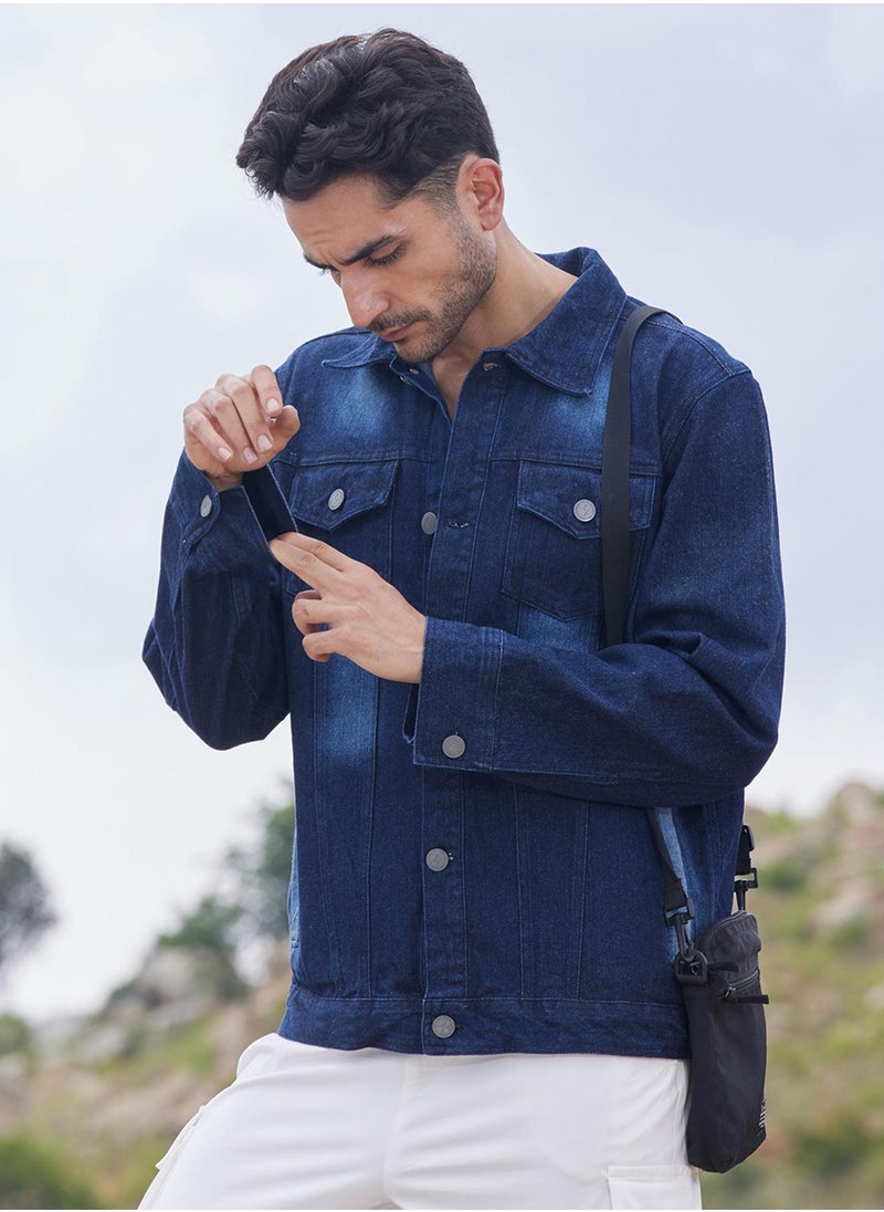 Men's Navy Blue Dark-Wash Denim Jacket With Button-Closure