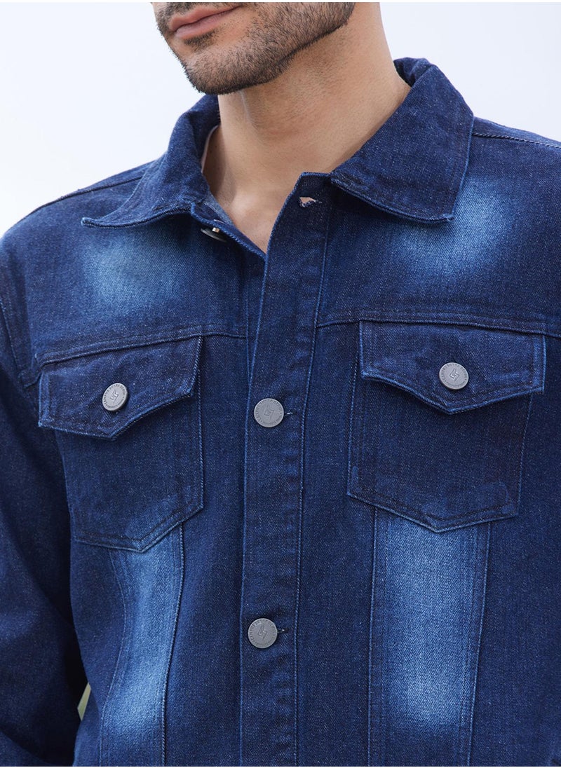 Men's Navy Blue Dark-Wash Denim Jacket With Button-Closure