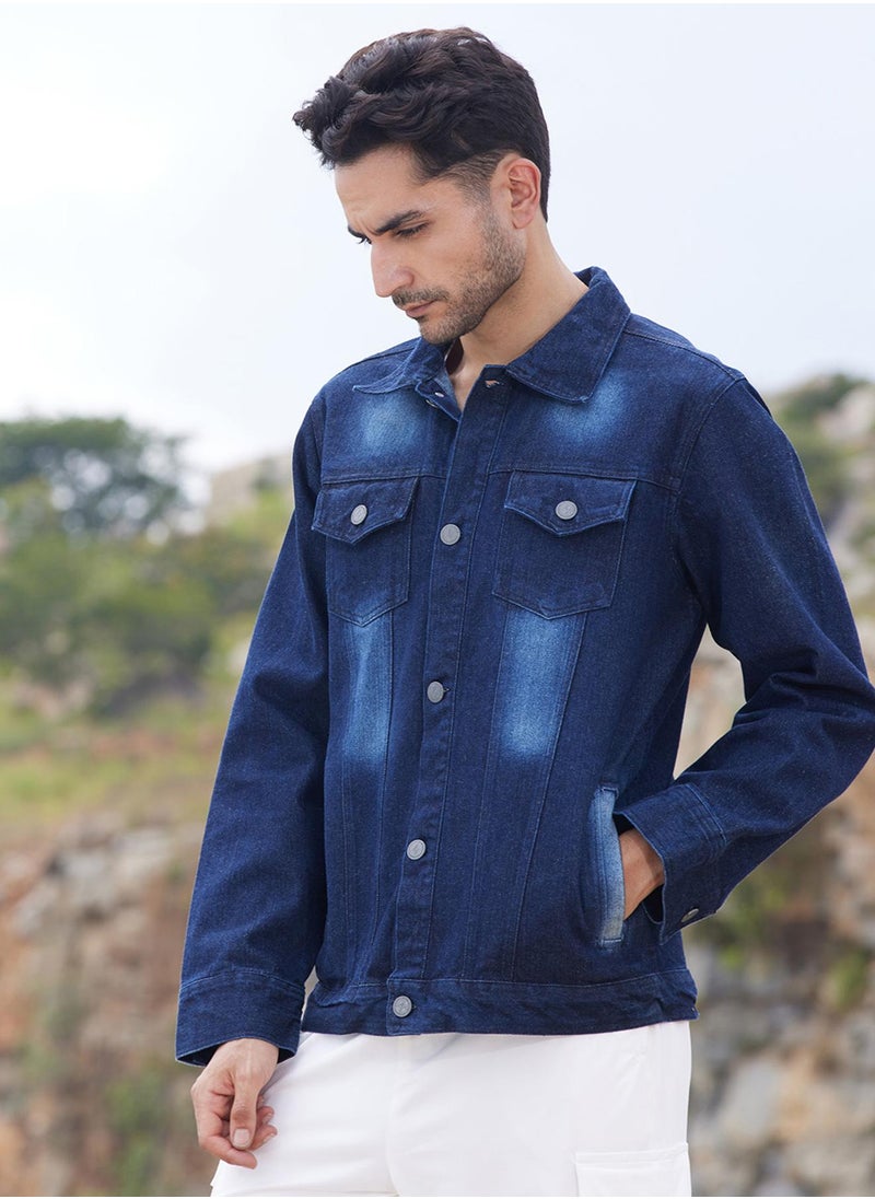 Men's Navy Blue Dark-Wash Denim Jacket With Button-Closure