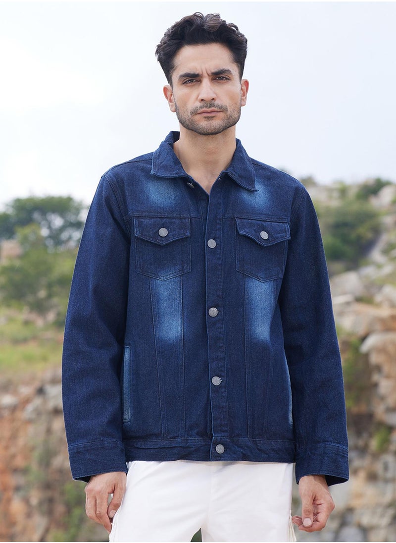 Men's Navy Blue Dark-Wash Denim Jacket With Button-Closure