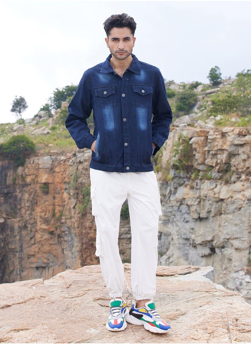 Men's Navy Blue Dark-Wash Denim Jacket With Button-Closure