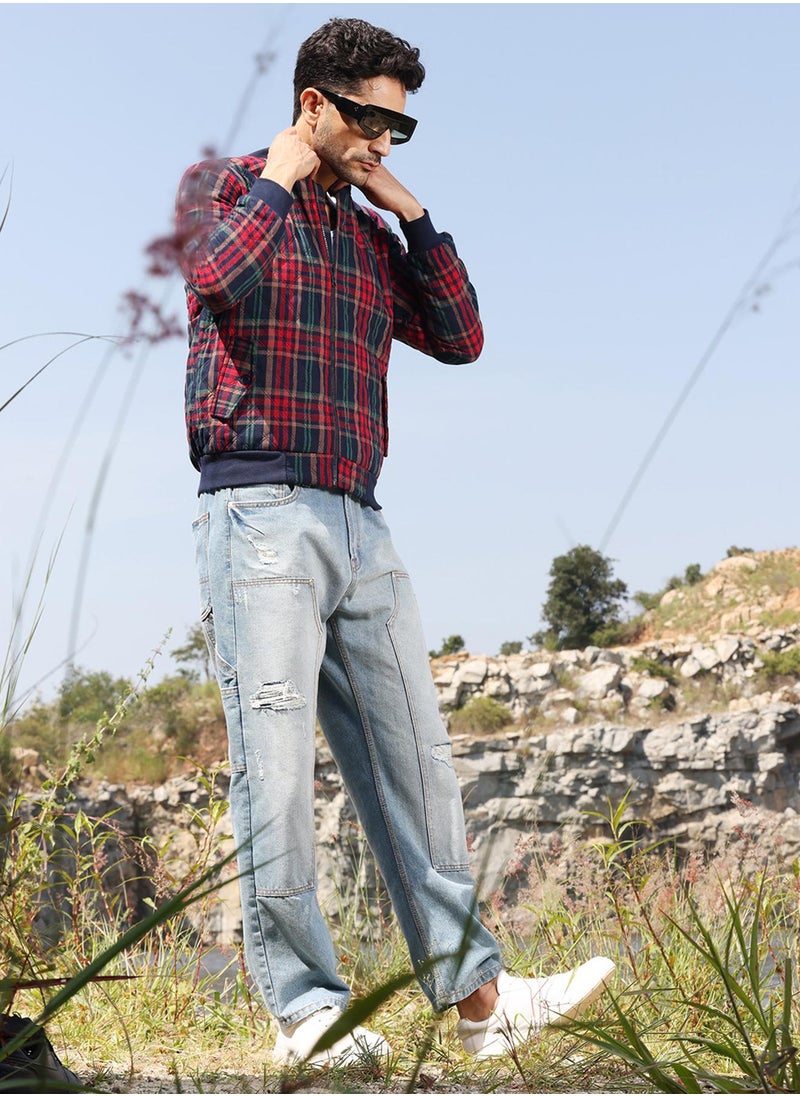 Men's Crimson Red Tartan Plaid Bomber Jacket