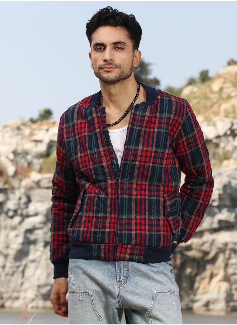 Men's Crimson Red Tartan Plaid Bomber Jacket