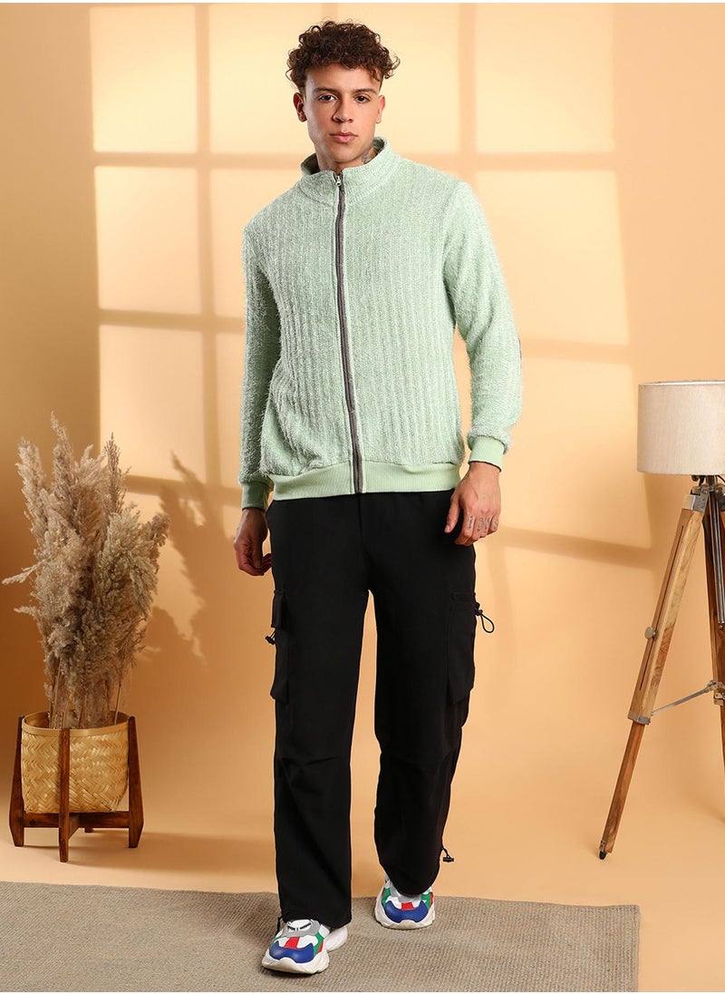 Men's Pistachio Green Self-Design Striped Knitted Jacket
