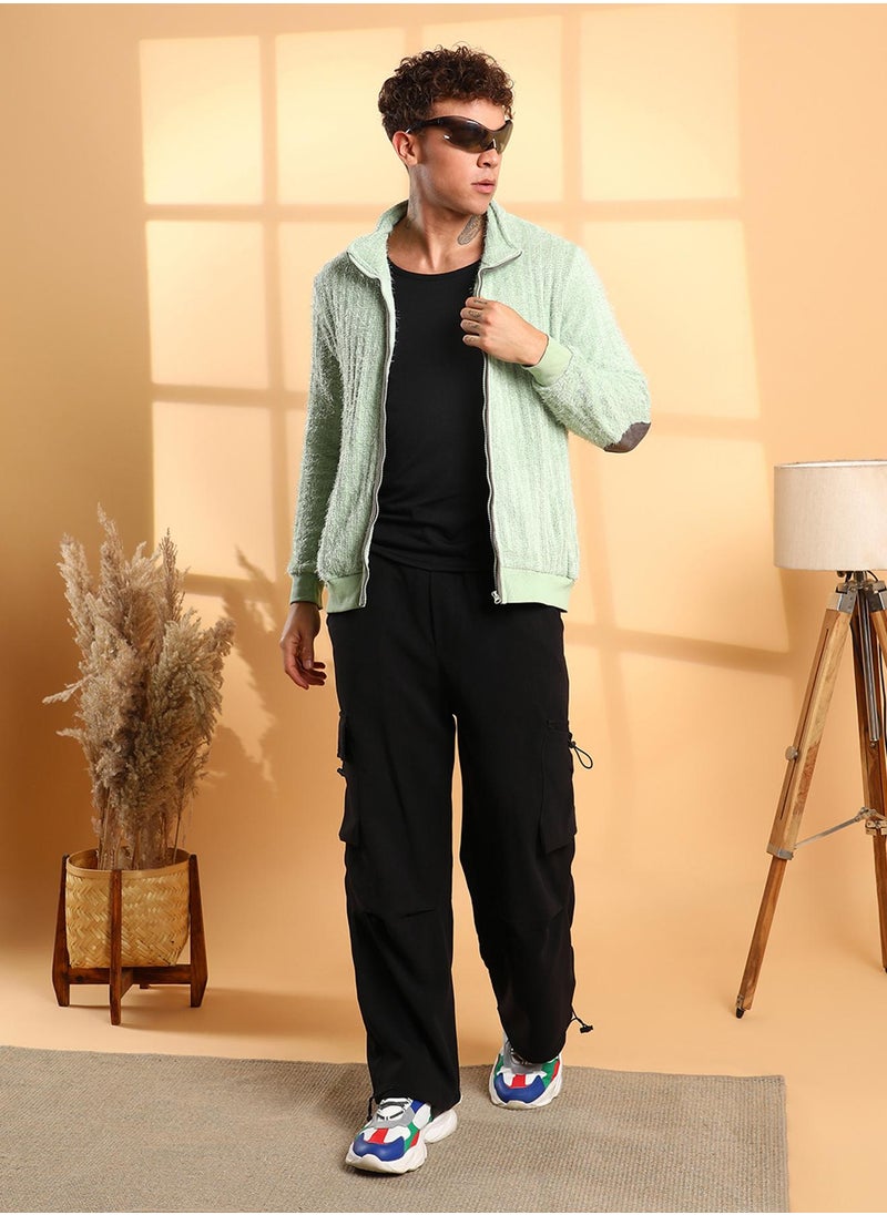 Men's Pistachio Green Self-Design Striped Knitted Jacket