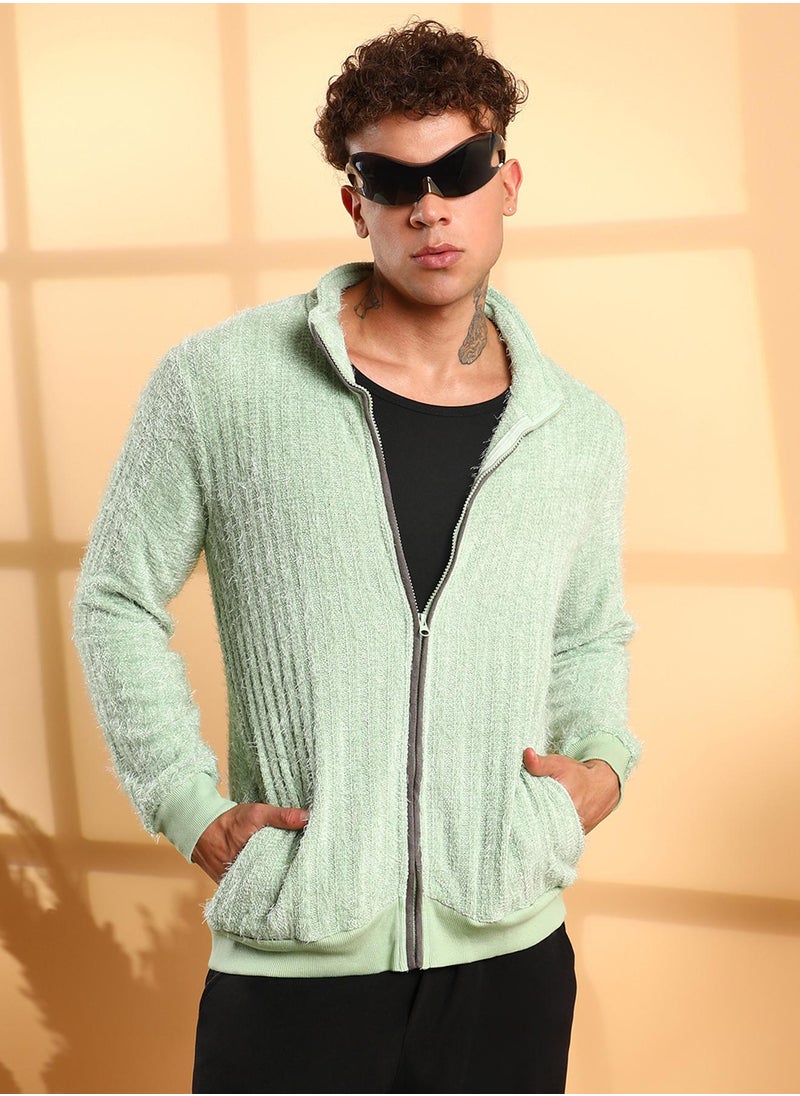 Men's Pistachio Green Self-Design Striped Knitted Jacket