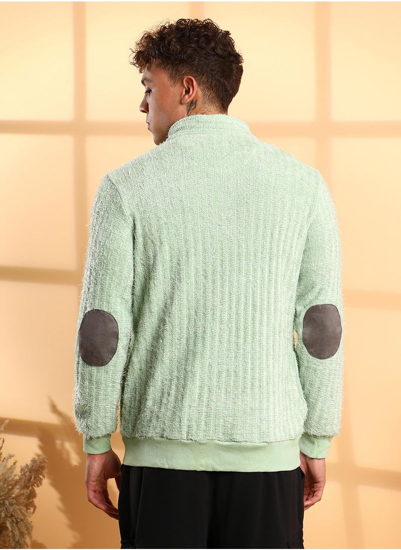 Men's Pistachio Green Self-Design Striped Knitted Jacket