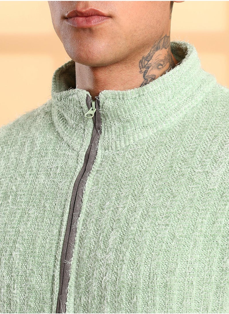 Men's Pistachio Green Self-Design Striped Knitted Jacket