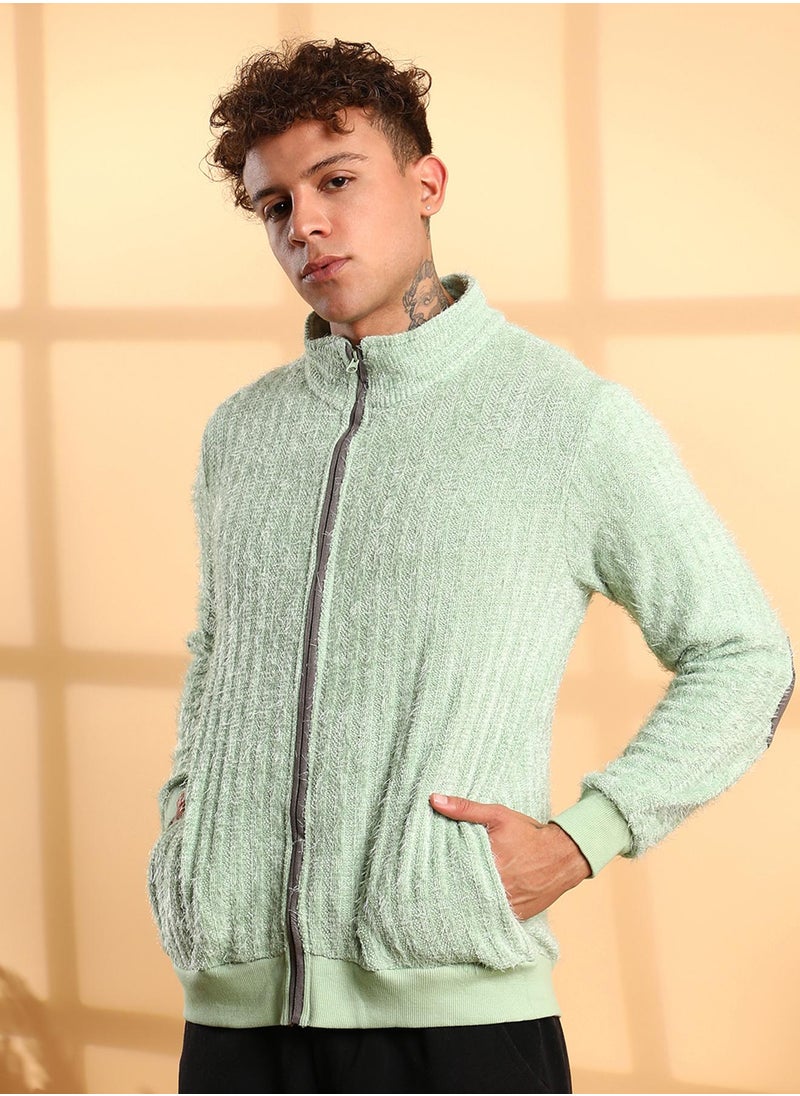 Men's Pistachio Green Self-Design Striped Knitted Jacket