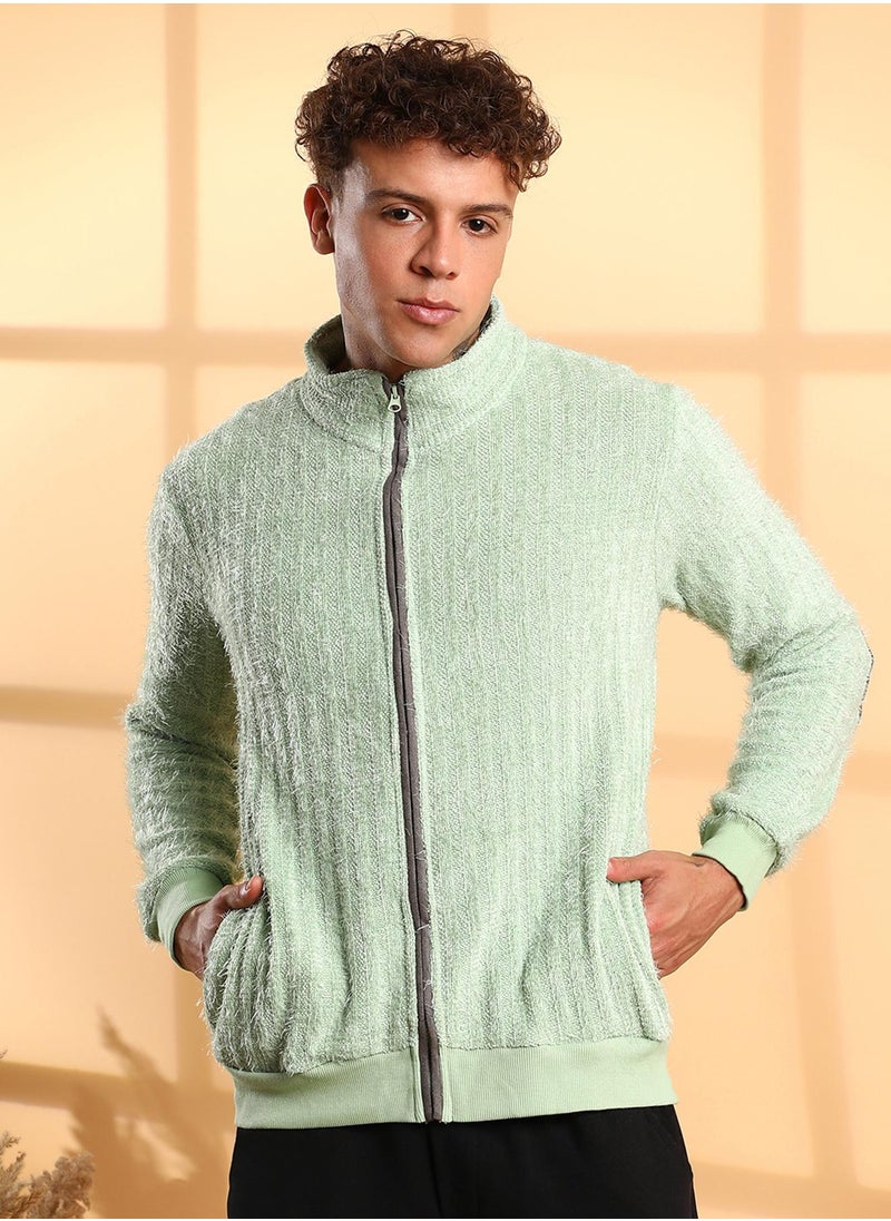Men's Pistachio Green Self-Design Striped Knitted Jacket