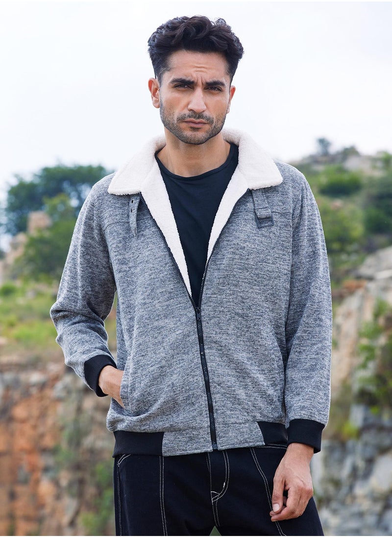 Men's Light Grey Heathered Jacket With Fleece Detail