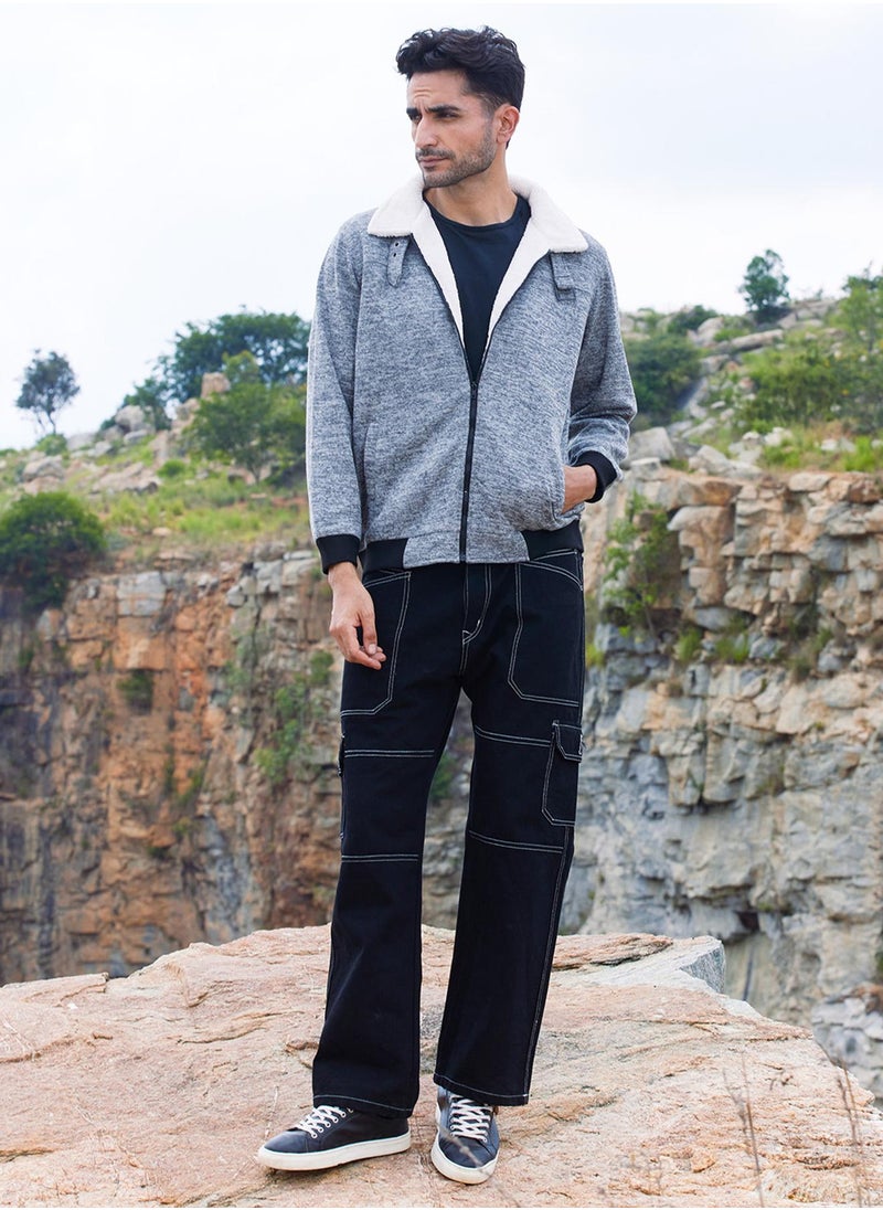 Men's Light Grey Heathered Jacket With Fleece Detail